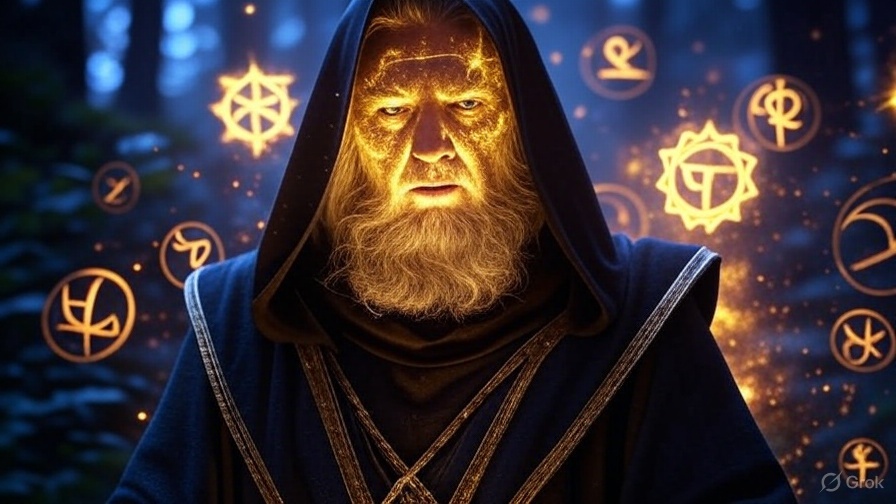 Mystischer Energieheiler mit goldenen Chakra-Symbolen und spiritueller Kraft, professionelle Fernheilung und Chakren-Balance