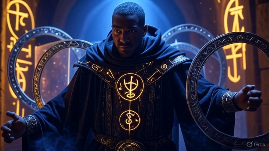 Professioneller spiritueller Exorzist mit goldenen mystischen Symbolen und schützenden Energiekreisen, moderne Dämonenaustreibung im 21. Jahrhundert