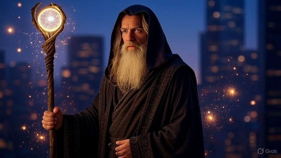 Mystischer Merlin-Nachfahre mit goldenem Zauberstab vor moderner Stadt, uralte Magie in der heutigen Welt angewendet