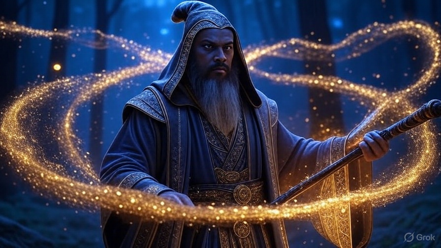 Mystischer Schutzmagier mit goldenen Energieschichten und spirituellem Abwehrschild, professioneller Selbstschutz vor negativen Energien